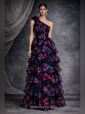 Mac Duggal One Shoulder Tiered Floral Chiffon Gown Size 8 NWT Black Multi